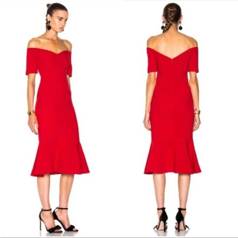 Cinq a Sept Red peplum off the shoulder dress